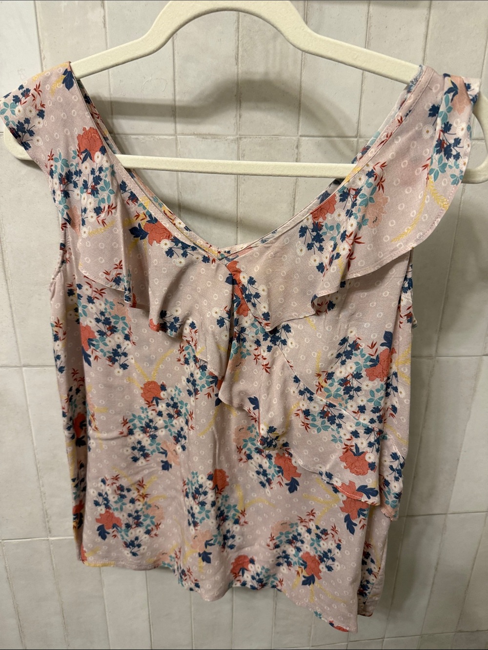 Velvet Floral Ruffle-Trim Pink Tank